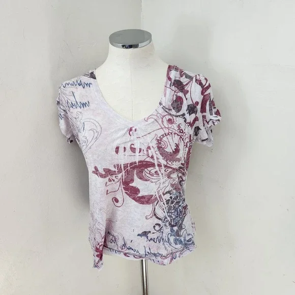 Maurices Womens Large V-Neck Burnout Graphic Tee Rhinestone Scroll Print - Picture 1 of 5
